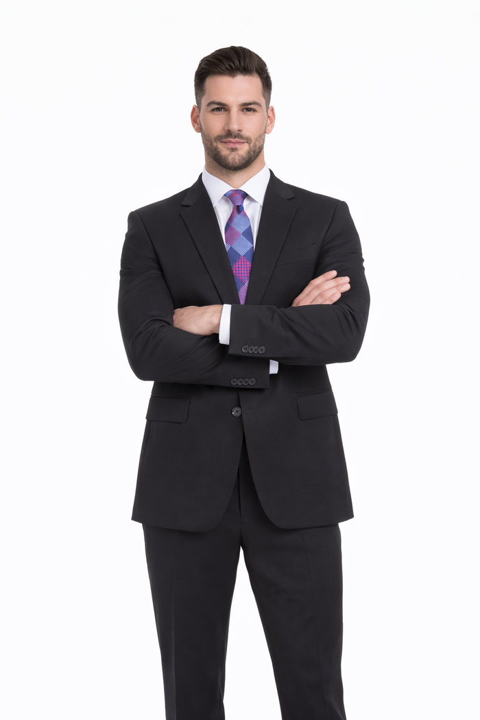 Mix And Match Suits Men's Black Portly Fit Tonal Pinstriped Pattern Two Button Super 130'S Suit Executive Fit Suit - Mens Portly Suit