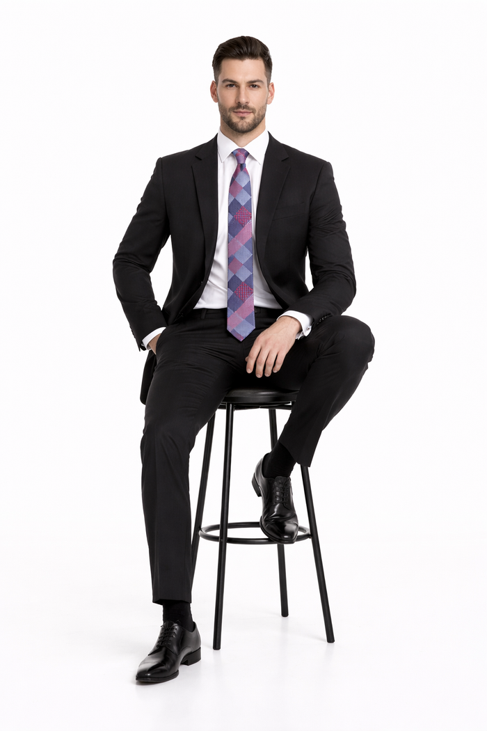 Mix And Match Suits Men's Black Portly Fit Tonal Pinstriped Pattern Two Button Super 130'S Suit Executive Fit Suit - Mens Portly Suit