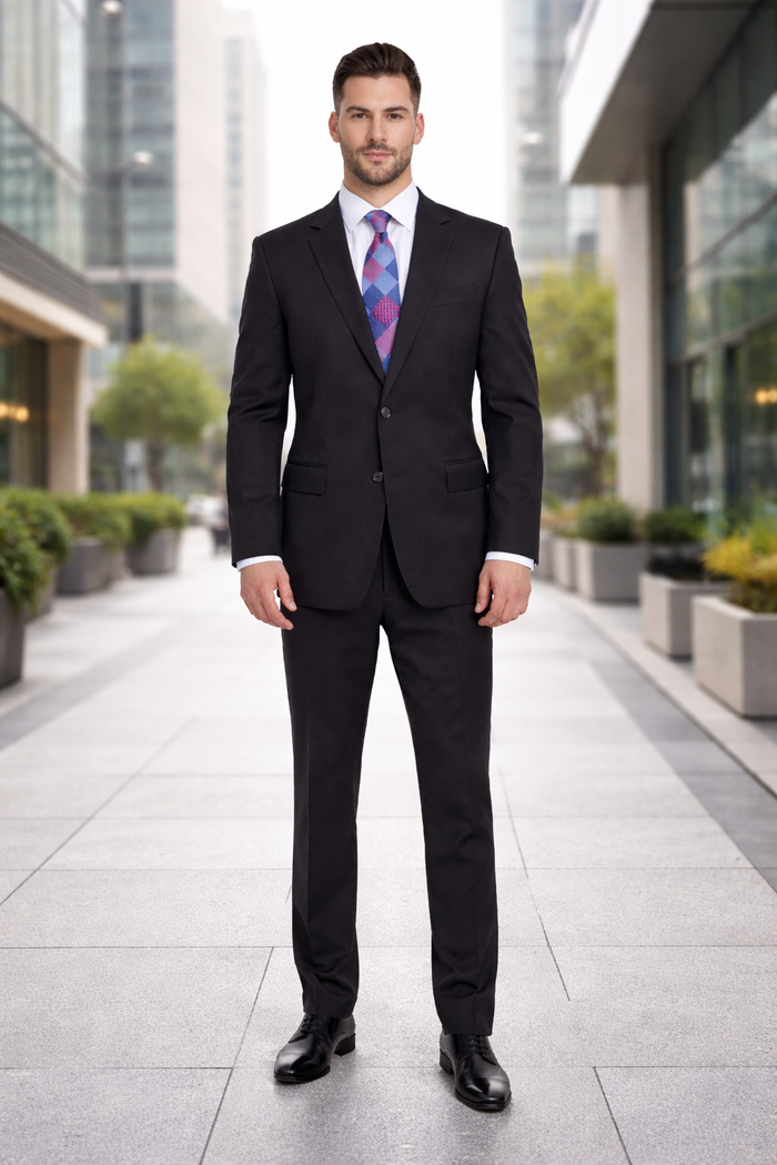 Mix And Match Suits Men's Black Portly Fit Tonal Pinstriped Pattern Two Button Super 130'S Suit Executive Fit Suit - Mens Portly Suit