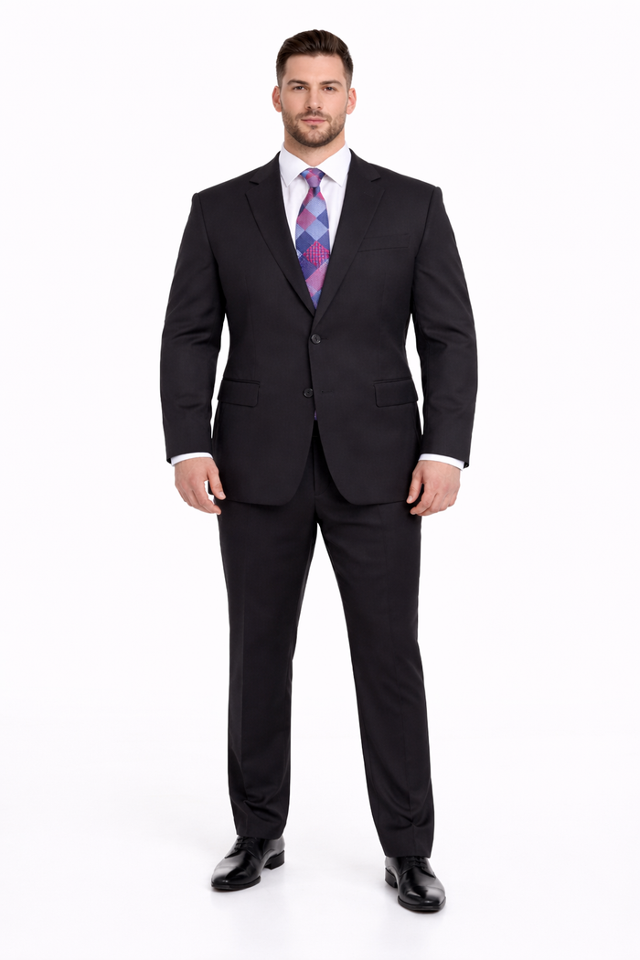 Mix And Match Suits Men's Black Portly Fit Tonal Pinstriped Pattern Two Button Super 130'S Suit Executive Fit Suit - Mens Portly Suit