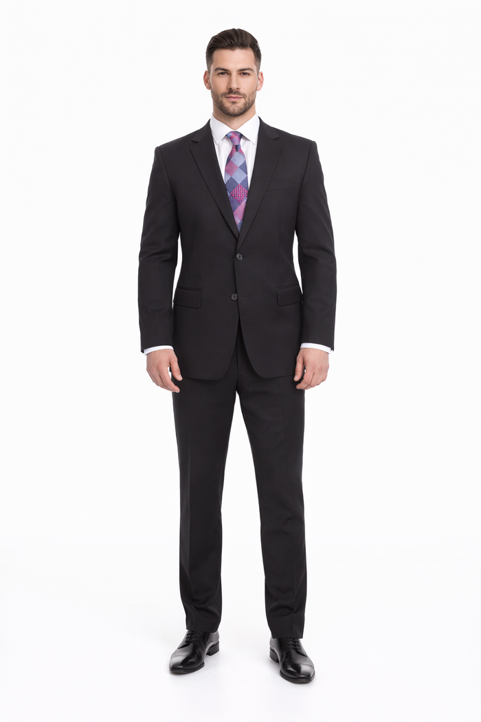 Mix And Match Suits Men's Black Portly Fit Tonal Pinstriped Pattern Two Button Super 130'S Suit Executive Fit Suit - Mens Portly Suit