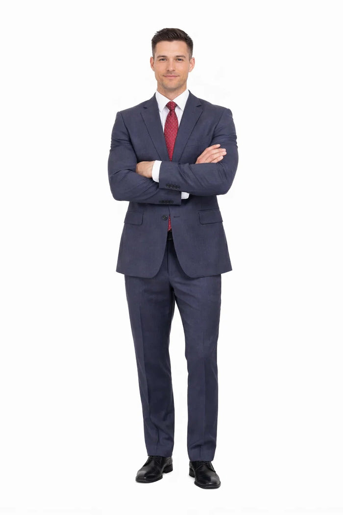 Mix And Match Suits Men's Heather Blue Two Button Portly Fully Lined Suit Executive Fit Suit - Mens Portly Suit