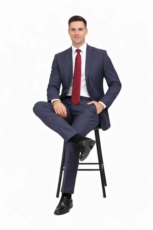 Mix And Match Suits Men's Heather Blue Two Button Portly Fully Lined Suit Executive Fit Suit - Mens Portly Suit