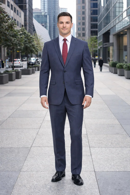 Mix And Match Suits Men's Heather Blue Two Button Portly Fully Lined Suit Executive Fit Suit - Mens Portly Suit