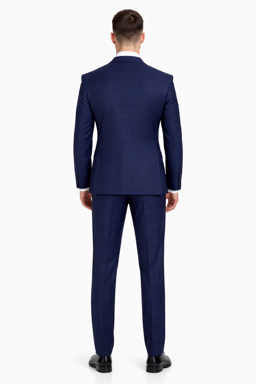 Mix And Match Suits Men's Plaid Pattern Portly Fit Blue Two Button Fully Lined Suit Executive Fit Suit - Mens Portly Suit