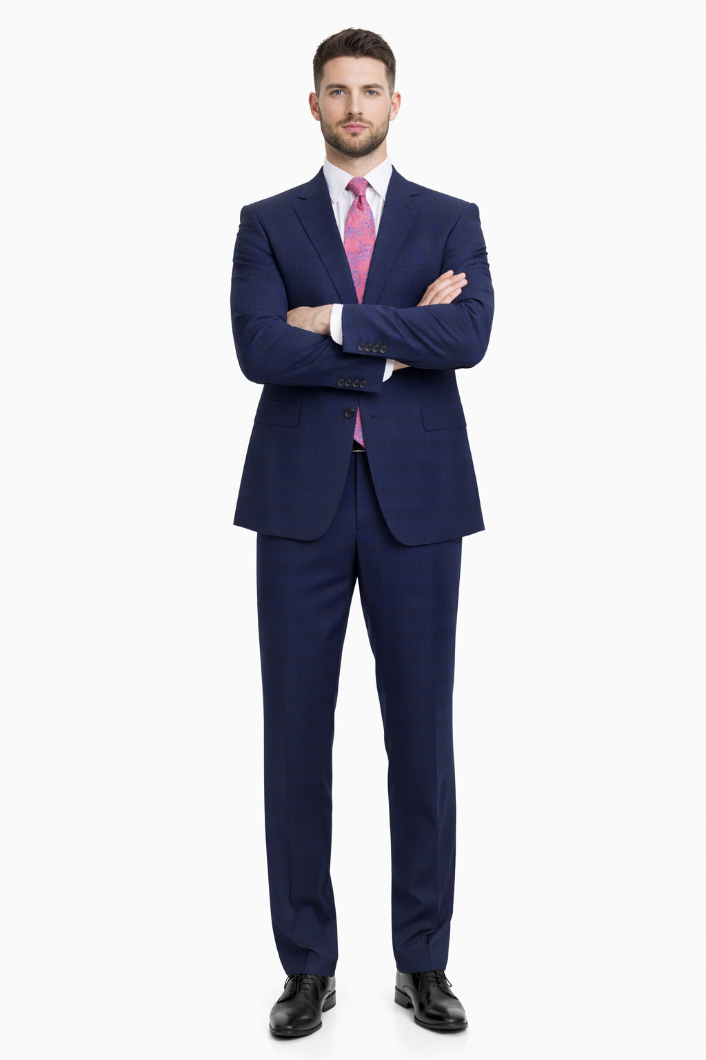 Mix And Match Suits Men's Plaid Pattern Portly Fit Blue Two Button Fully Lined Suit Executive Fit Suit - Mens Portly Suit