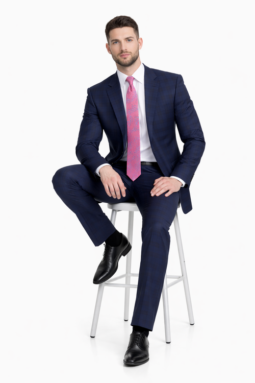 Mix And Match Suits Men's Plaid Pattern Portly Fit Blue Two Button Fully Lined Suit Executive Fit Suit - Mens Portly Suit