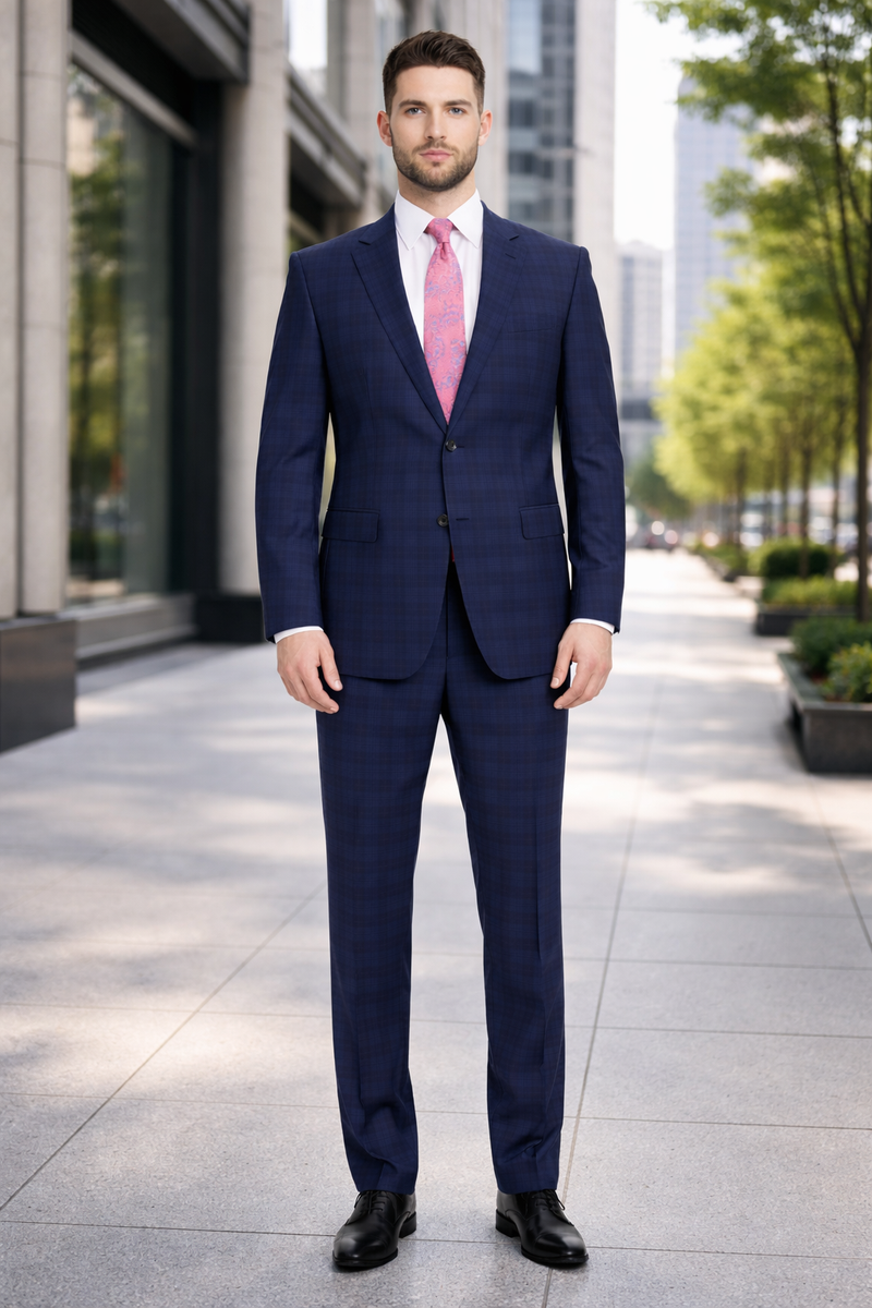 Mix And Match Suits Men's Plaid Pattern Portly Fit Blue Two Button Fully Lined Suit Executive Fit Suit - Mens Portly Suit
