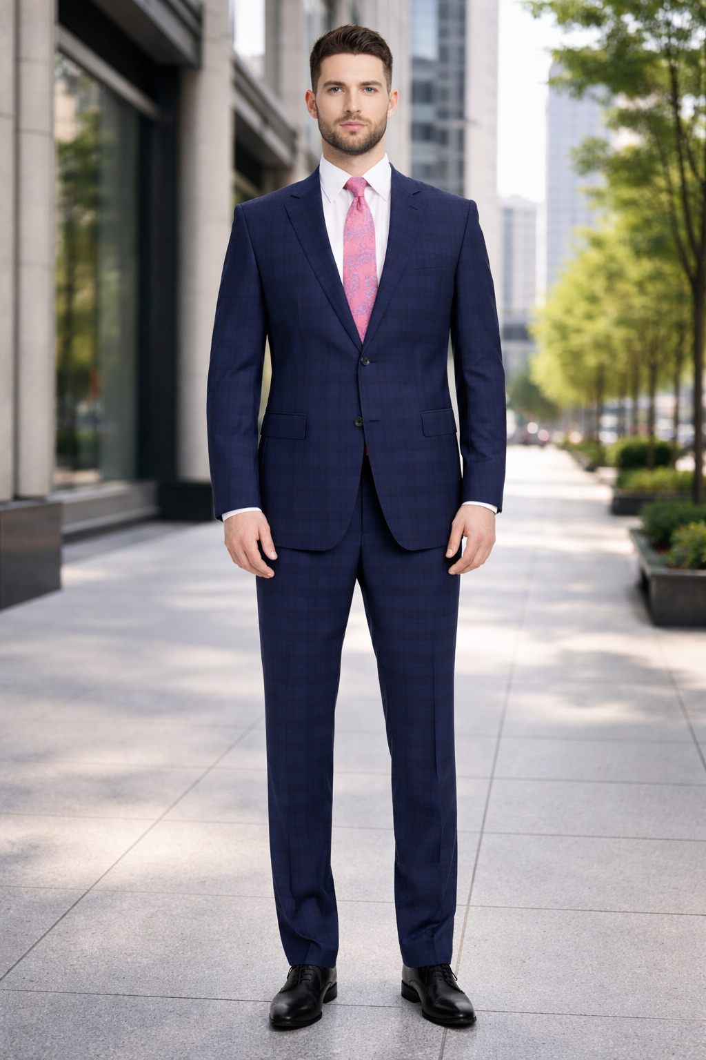 Mix And Match Suits Men's Plaid Pattern Portly Fit Blue Two Button Fully Lined Suit Executive Fit Suit - Mens Portly Suit