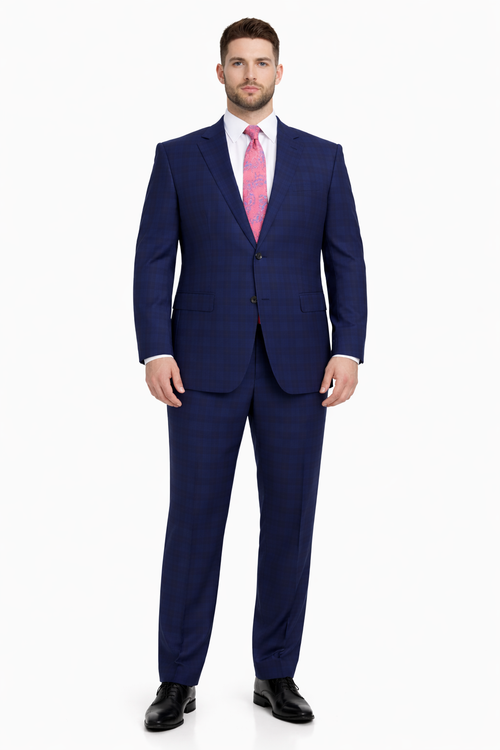 Mix And Match Suits Men's Plaid Pattern Portly Fit Blue Two Button Fully Lined Suit Executive Fit Suit - Mens Portly Suit