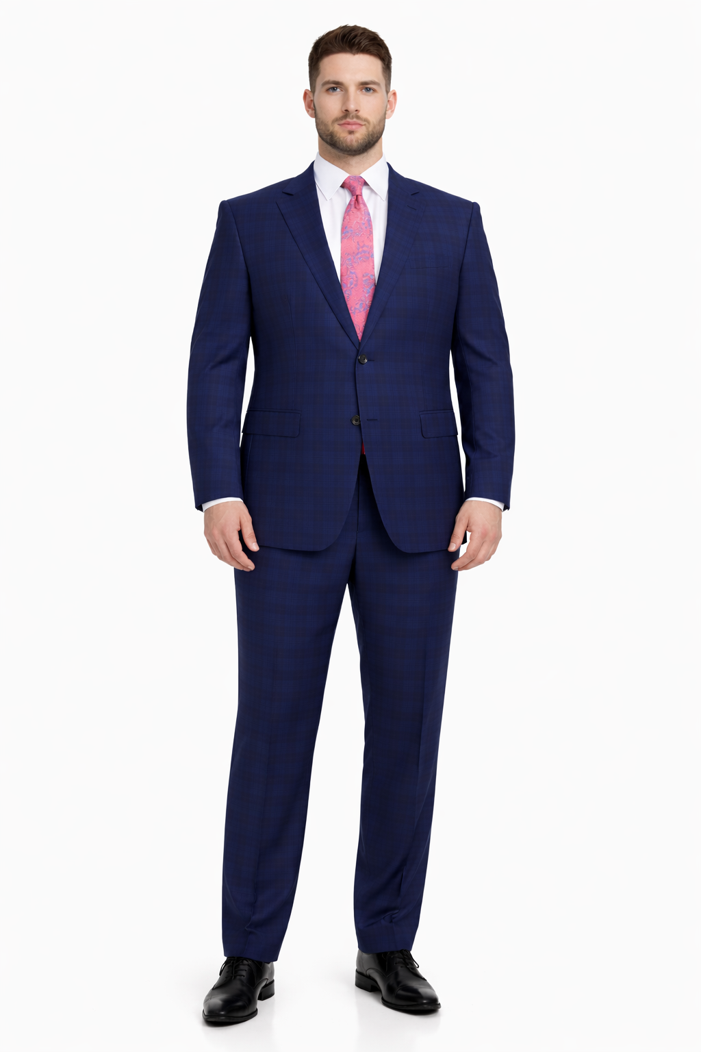 Mix And Match Suits Men's Plaid Pattern Portly Fit Blue Two Button Fully Lined Suit Executive Fit Suit - Mens Portly Suit
