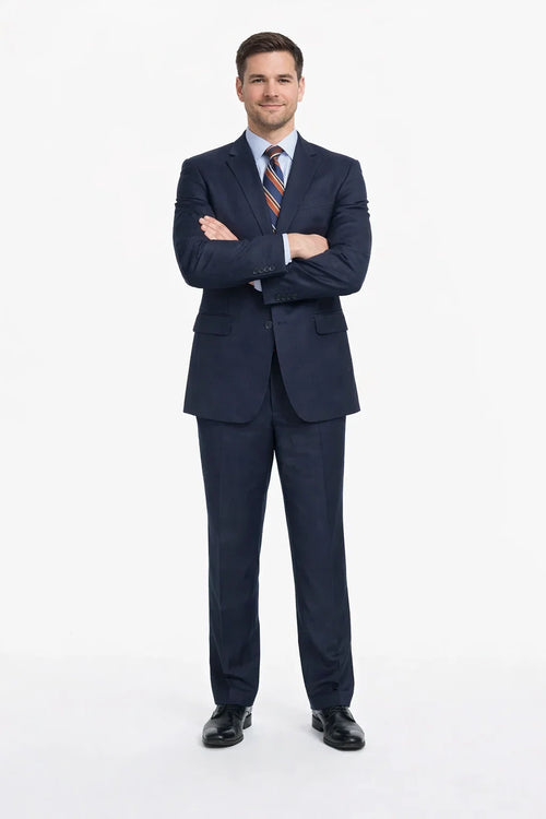 Mix And Match Suits Men's Super 130'S Textured Portly Fit Dark Navy Blue Suit For Men 2 Button Suit Executive Fit Suit - Mens Portly Suit