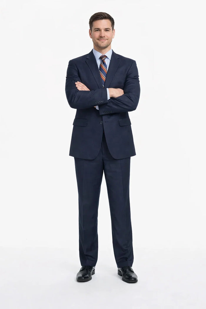 Mix And Match Suits Men's Super 130'S Textured Portly Fit Dark Navy Blue Suit For Men 2 Button Suit Executive Fit Suit - Mens Portly Suit
