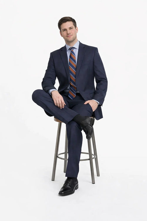 Mix And Match Suits Men's Super 130'S Textured Portly Fit Dark Navy Blue Suit For Men 2 Button Suit Executive Fit Suit - Mens Portly Suit