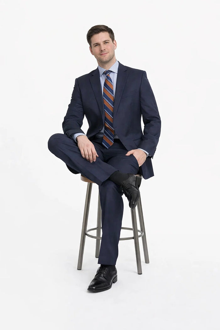 Mix And Match Suits Men's Super 130'S Textured Portly Fit Dark Navy Blue Suit For Men 2 Button Suit Executive Fit Suit - Mens Portly Suit