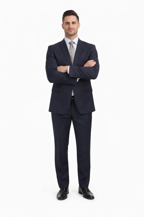 Mix And Match Suits Men's Two Button Portly Solid Dark Navy Blue Suit For Men Super 140'S Suit Executive Fit Suit - Mens Portly Suit