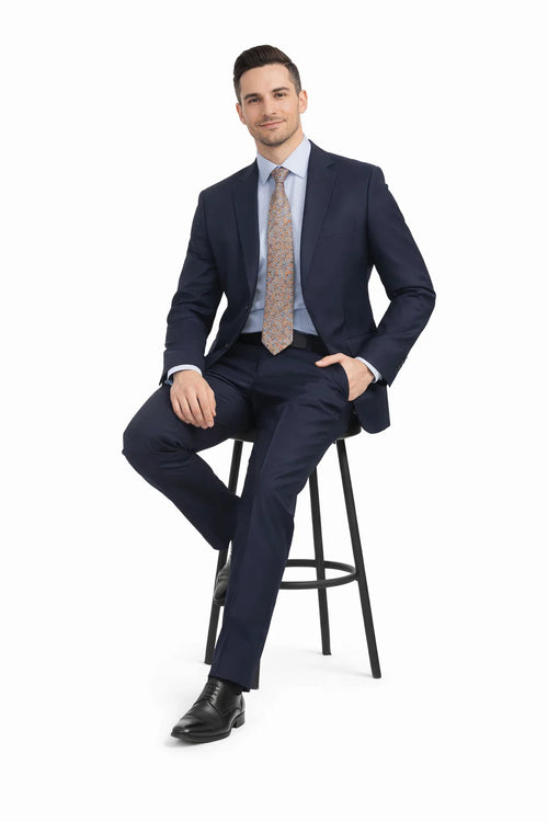 Mix And Match Suits Men's Two Button Portly Solid Dark Navy Blue Suit For Men Super 140'S Suit Executive Fit Suit - Mens Portly Suit