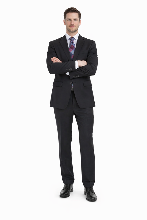 Mix And Match Suits Solid Black Men's Portly Fit Two Button Super 130s Suit Executive Fit Suit - Mens Portly Suit