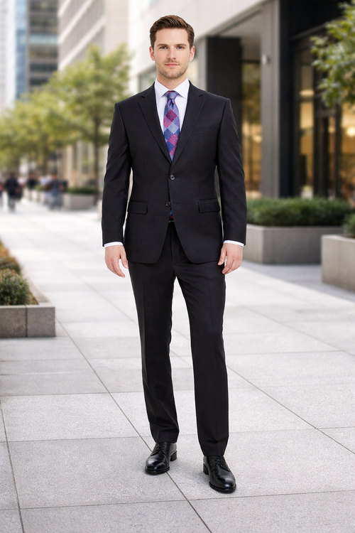 Mix And Match Suits Solid Black Men's Portly Fit Two Button Super 130s Suit Executive Fit Suit - Mens Portly Suit