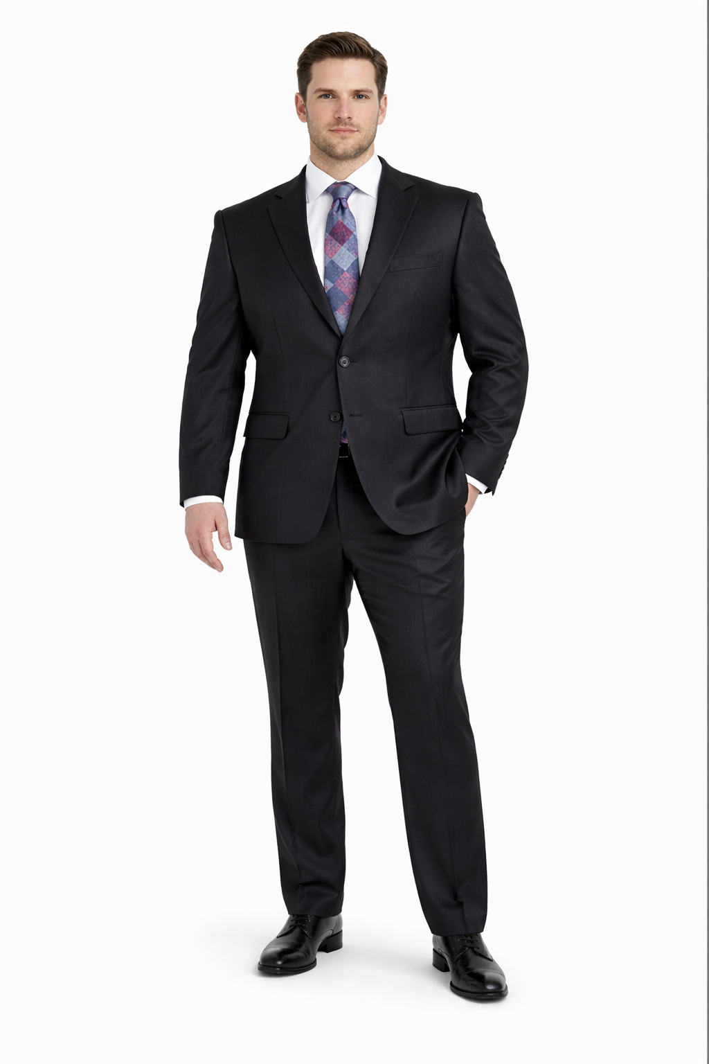 Mix And Match Suits Solid Black Men's Portly Fit Two Button Super 130s Suit Executive Fit Suit - Mens Portly Suit