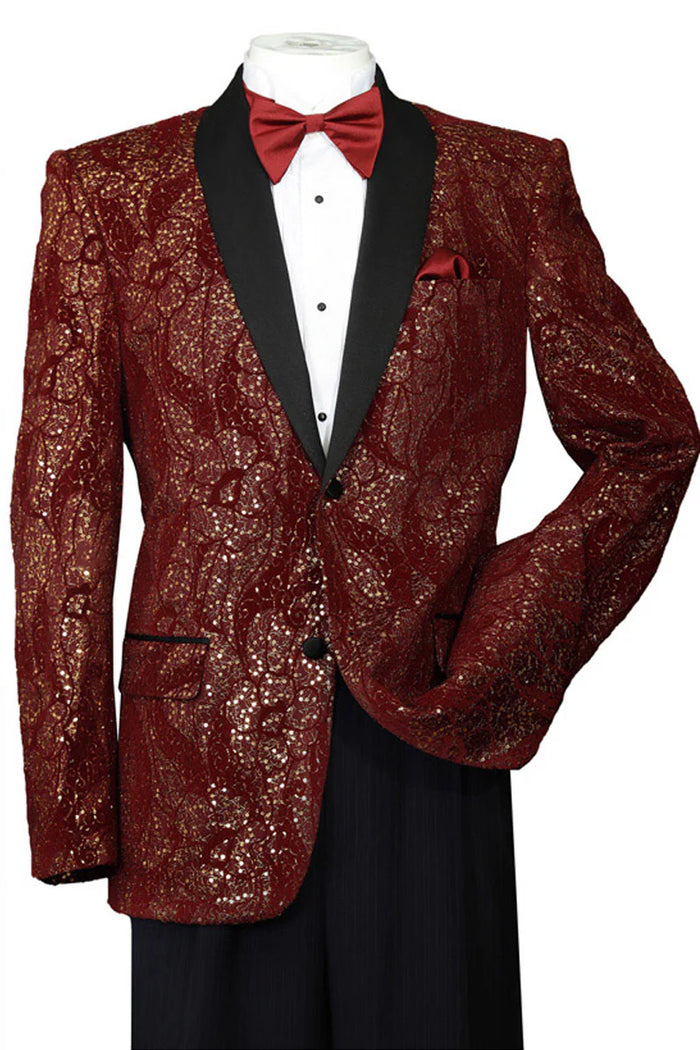 Mens Burgundy and gold Paisley Glitter 2-Button Tuxedo Suit