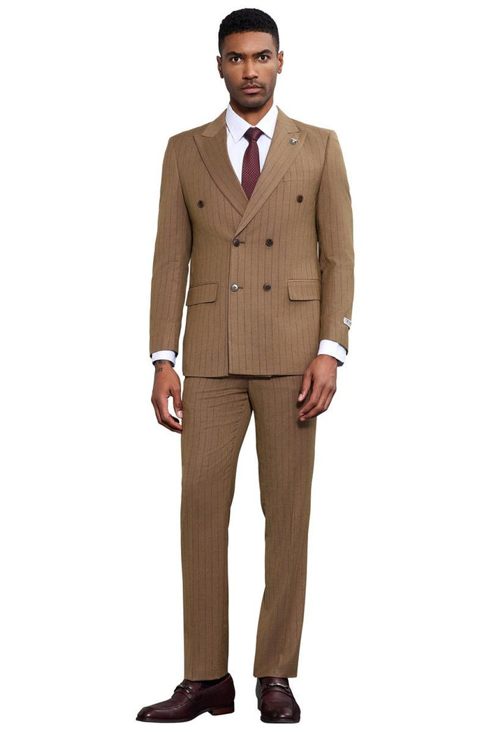 Stacy Adams camel pinstripe double-breasted suit. Structured, tailored fit with a double-breasted front and vertical pinstripes. Features notch lapels, front pockets, and matching trousers. Smooth fabric with a slight sheen.

