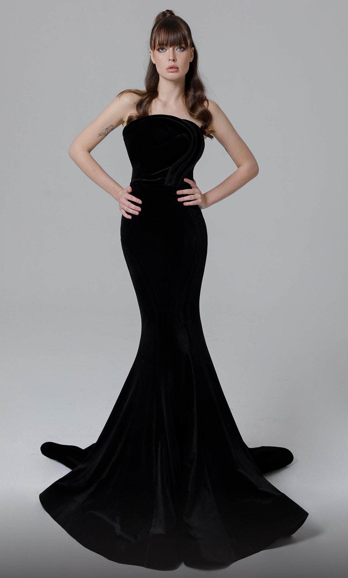 MNM Couture N0450 Black Velvet Strapless Evening Gown