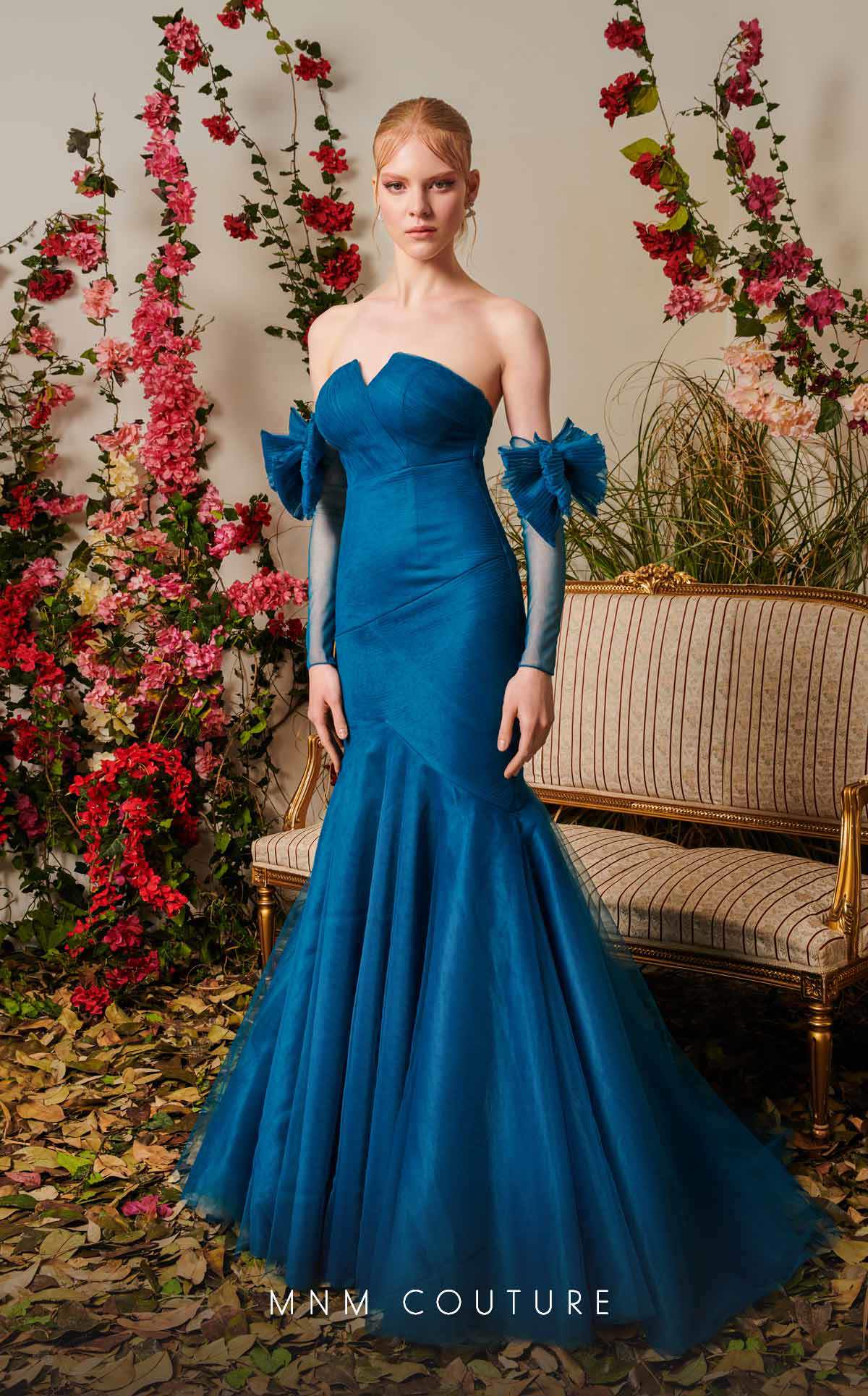 MNM Couture N0486 Black Strapless Mermaid Evening Gown with Sheer Sleeves