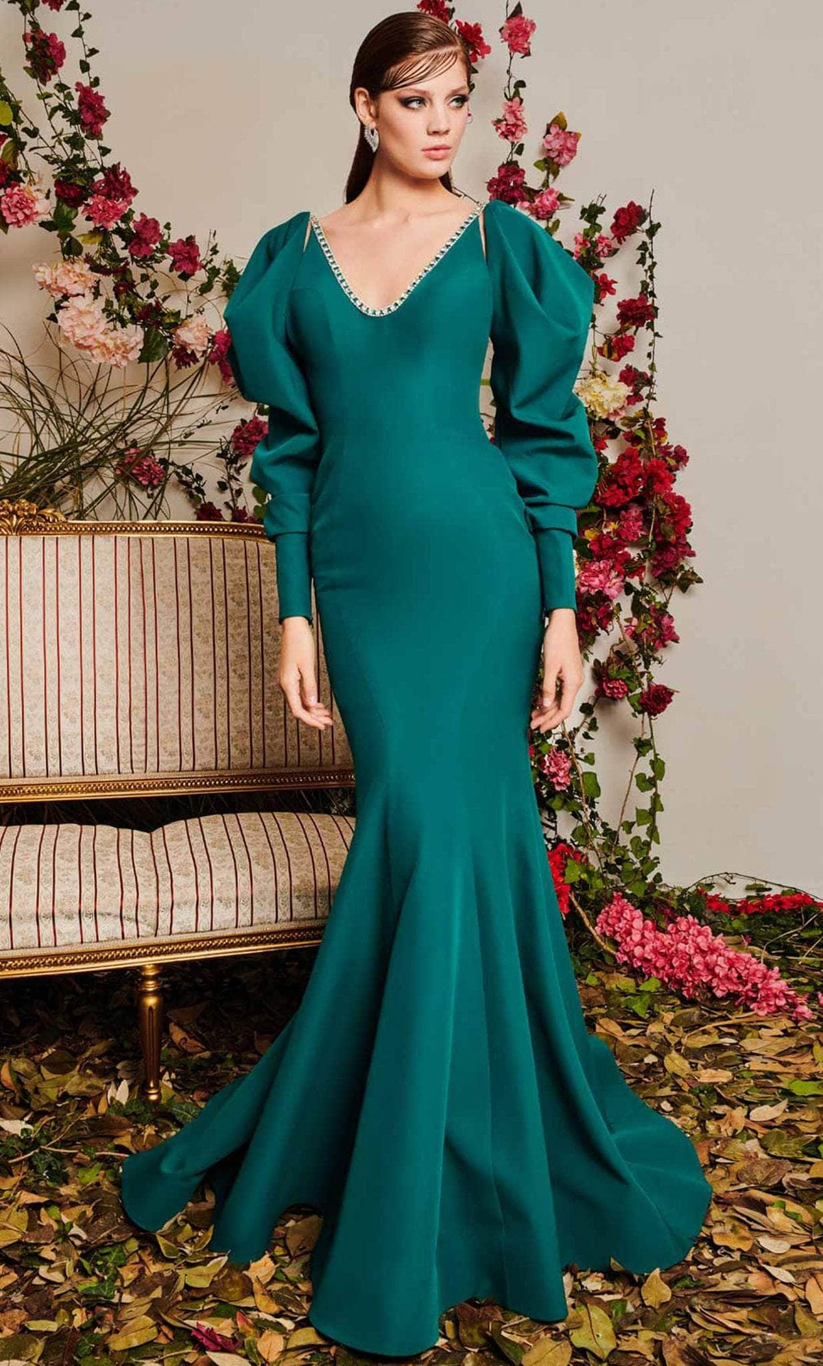 Emerald Green Puffy Sleeve Mermaid Gown by MNM Couture