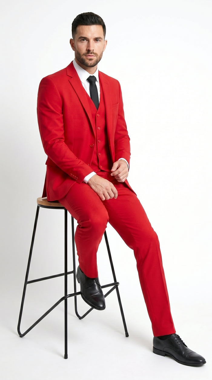 Men’s Red 3 Piece Suit with Jacket, Vest and Pants, Formal Wedding Prom Dress Suit