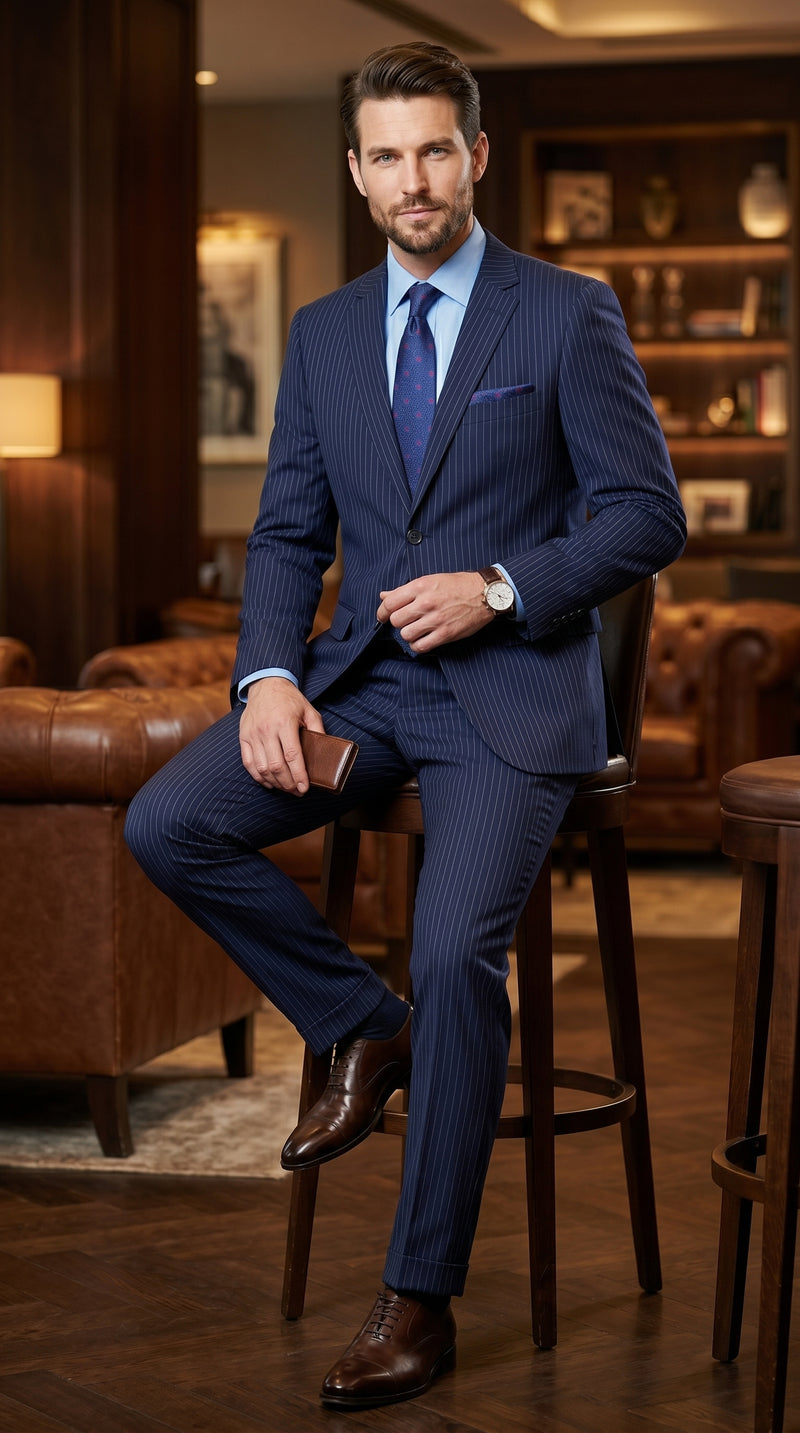 Men’s Navy Pinstripe 2 Piece Suit, Classic Formal Wedding Business Dress Suit Set