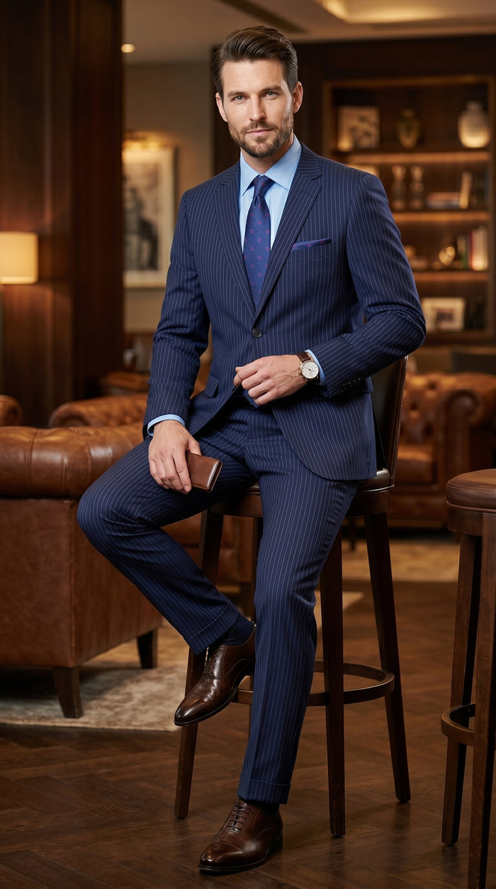 Men’s Navy Pinstripe 2 Piece Suit, Classic Formal Wedding Business Dress Suit Set