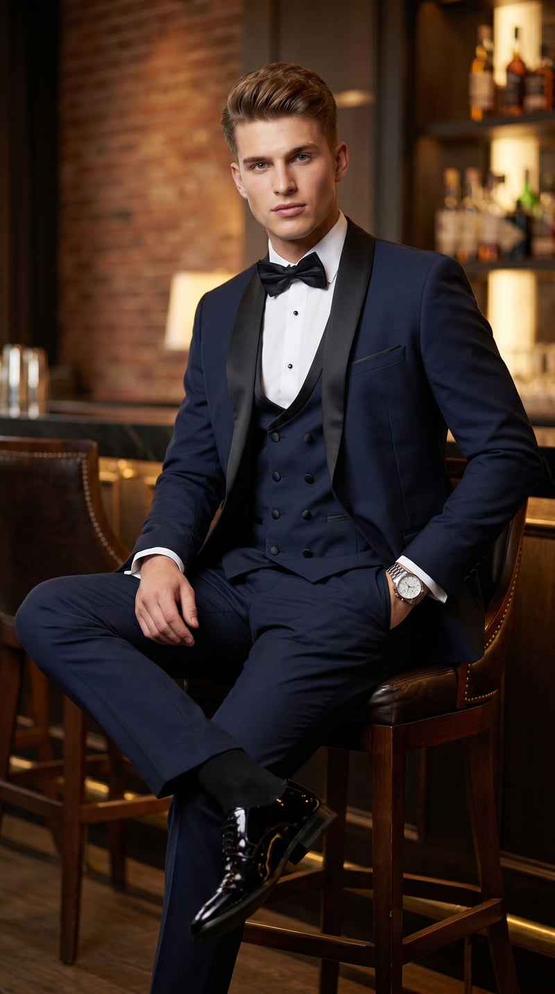Men’s Navy 100% Wool Vested Tuxedo, Shawl Lapel Wedding Prom Formal Suit Set