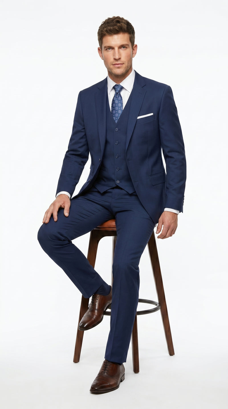 Statement Men’s Solid Sapphire 100% Wool Vested Suit, Formal Wedding Business 3 Piece Suit Set