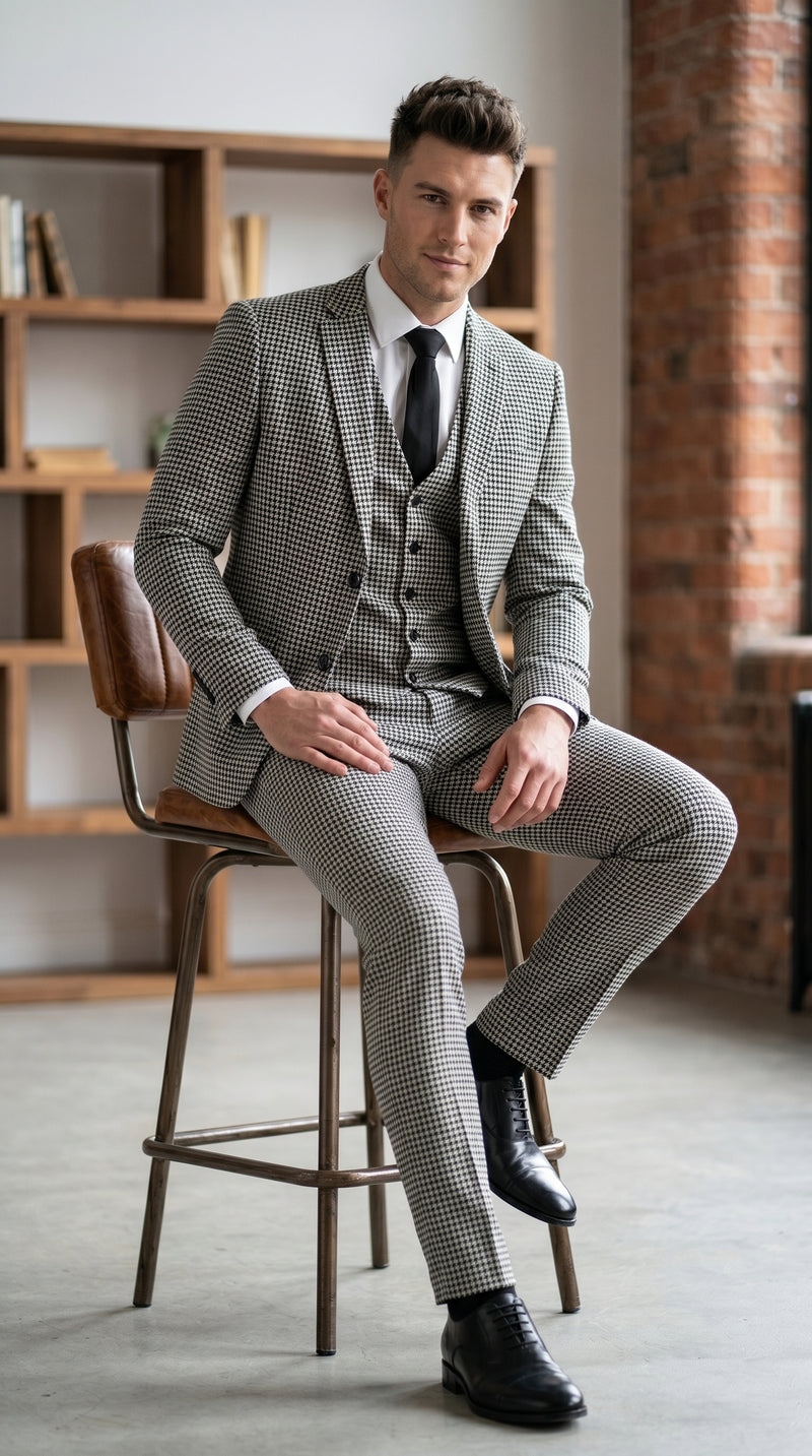 Men’s Black and White Houndstooth Checkered 3 Piece Suit, Gray Checkered Formal Wedding Business Suit Set