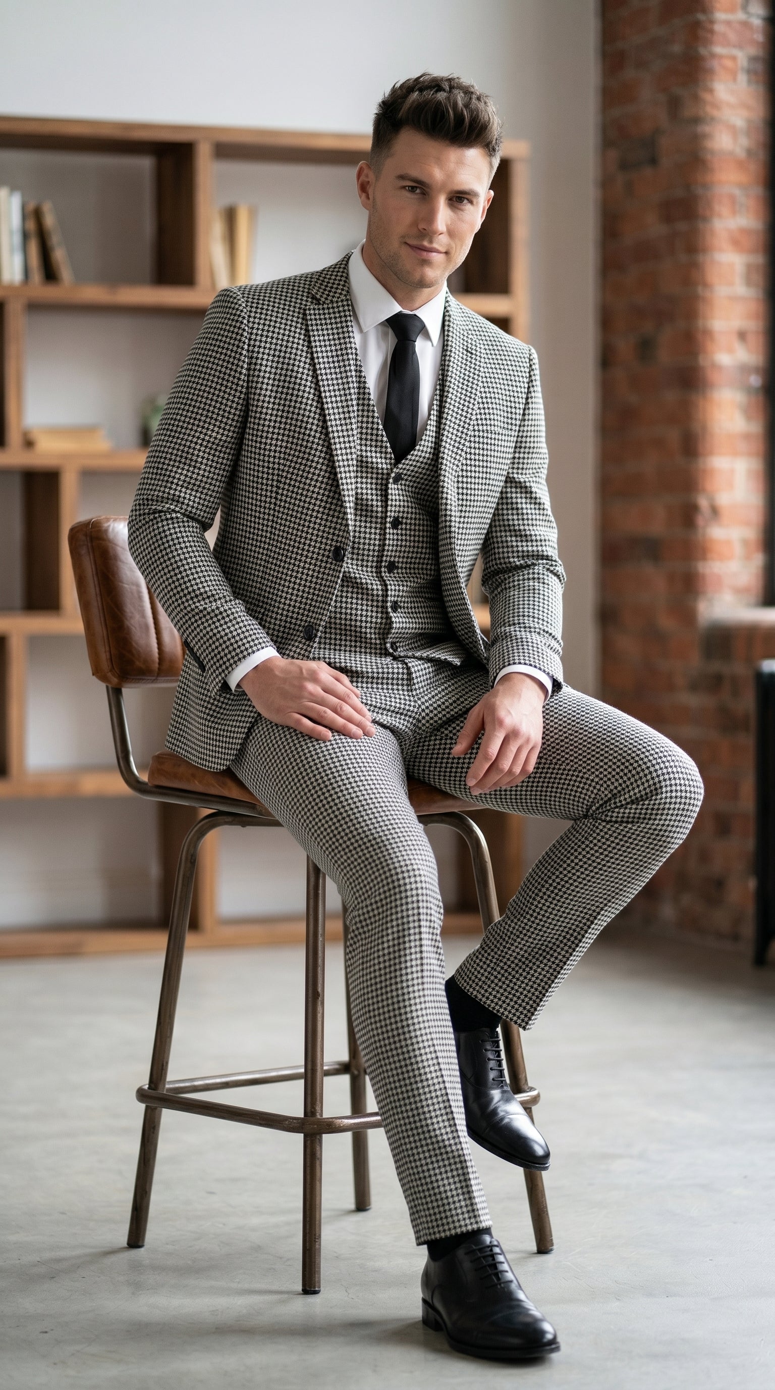 Men’s Black and White Houndstooth Checkered 3 Piece Suit, Gray Checkered Formal Wedding Business Suit Set