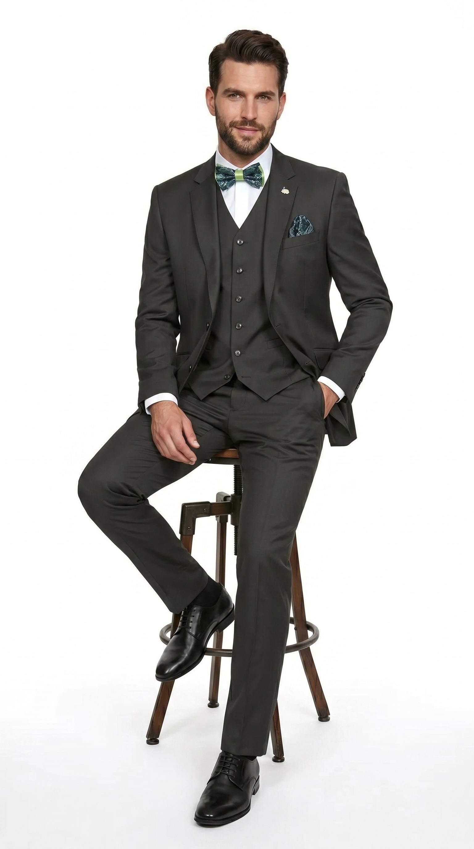 Statement Men’s Solid Olive 100% Wool Vested Suit, Formal Wedding Business 3 Piece Suit Set