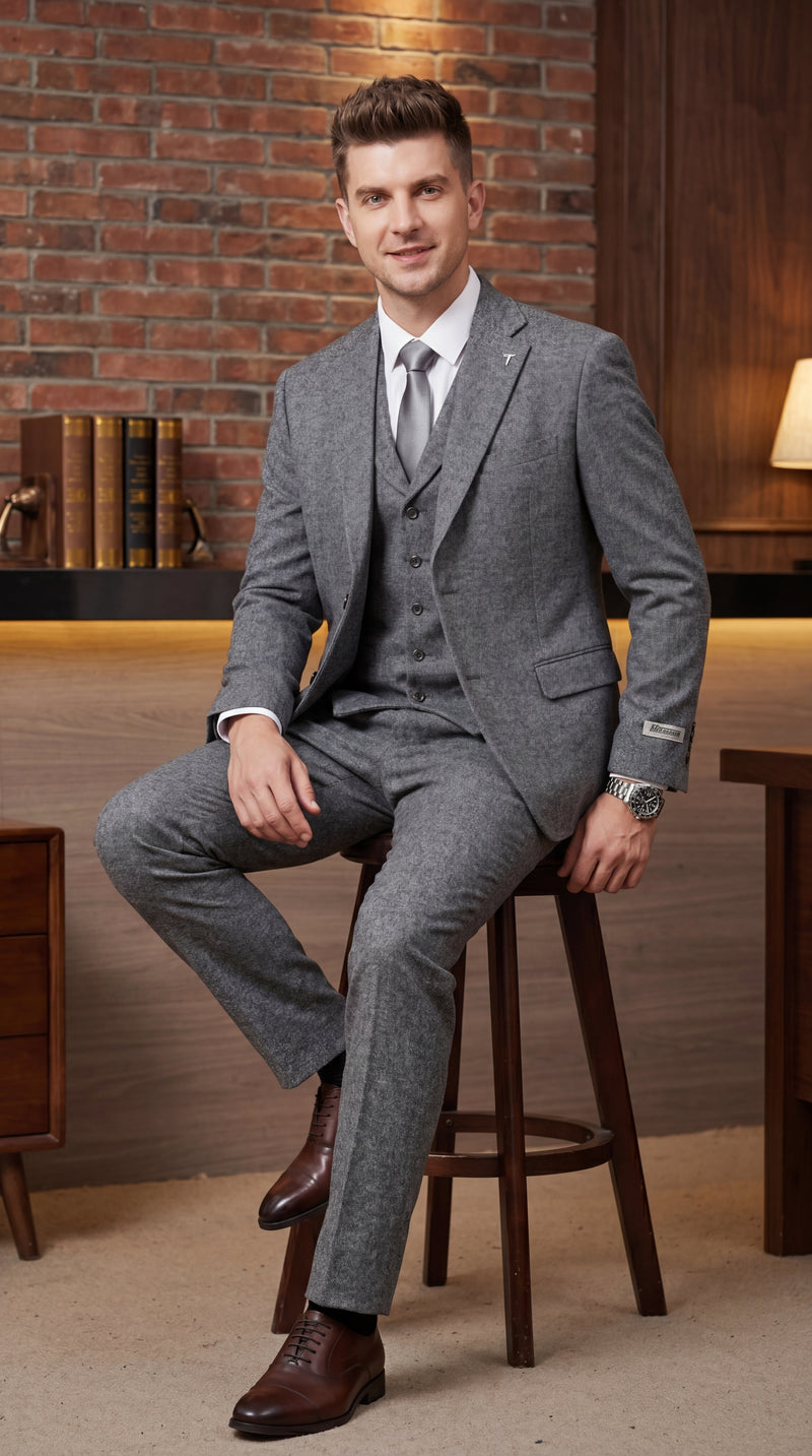 Stacy Adams Men’s Herringbone 3 Piece Hybrid Fit Suit, Formal Wedding Business Suit in Brown and Gray