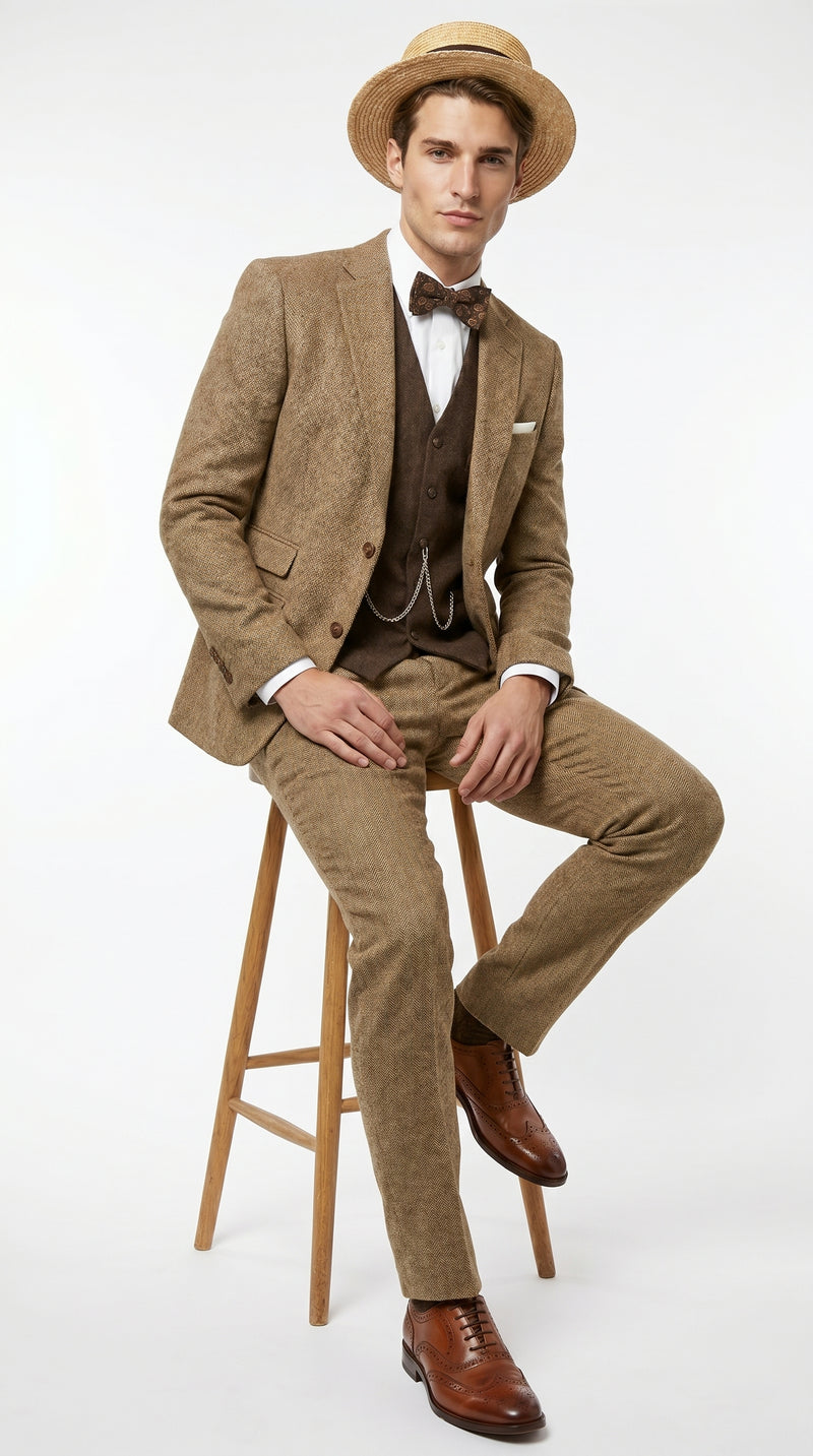 Men’s Camel Pocket Suit with Brown Vest, Vintage Inspired Formal Dress Outfit