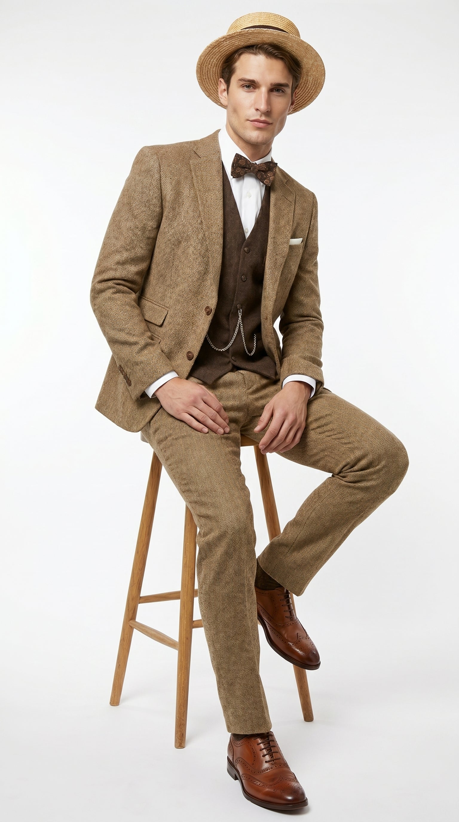 Men’s Camel Pocket Suit with Brown Vest, Vintage Inspired Formal Dress Outfit