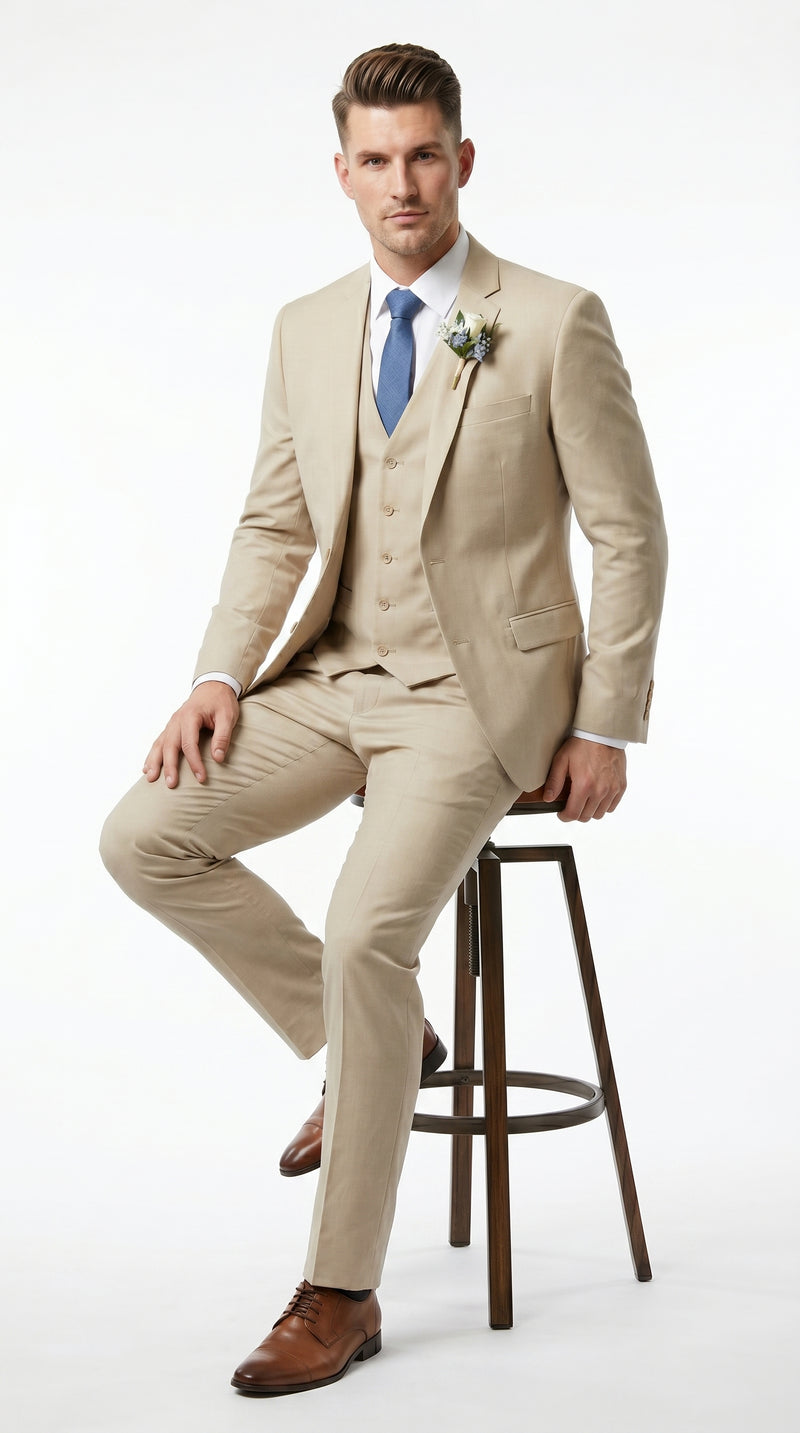 Men’s Tan Slim Fit 3 Piece Beach Wedding Suit with Vest, Summer Formal Dress Suit