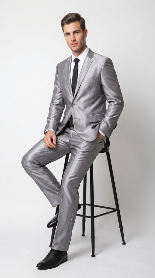Men’s Silver Sharkskin 2 Piece Suit, Italian Styled Formal Wedding Prom Dress Suit