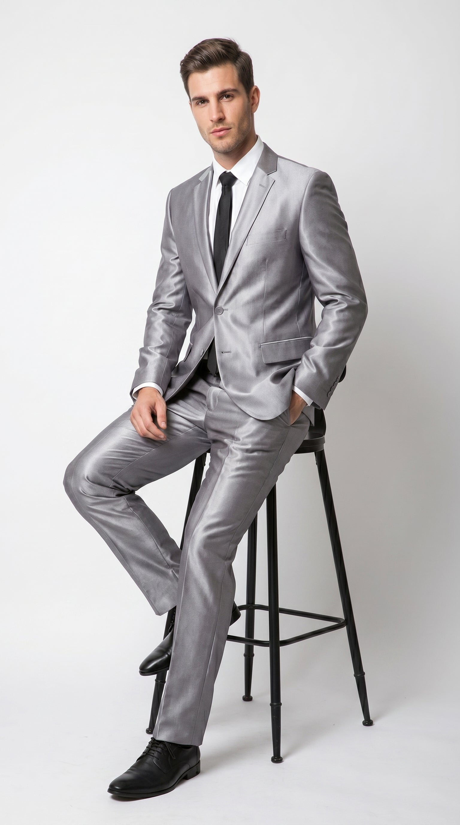 Men’s Silver Sharkskin 2 Piece Suit, Italian Styled Formal Wedding Prom Dress Suit
