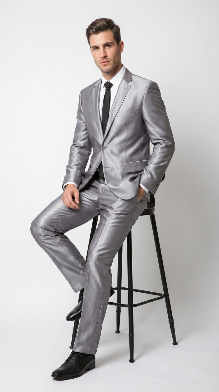 Men’s Silver Sharkskin 2 Piece Suit, Italian Styled Formal Wedding Prom Dress Suit