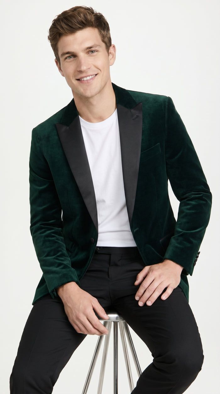 Men’s Olive Hunter Green Velvet Tuxedo Jacket with Black Satin Lapel, Formal Dinner Blazer