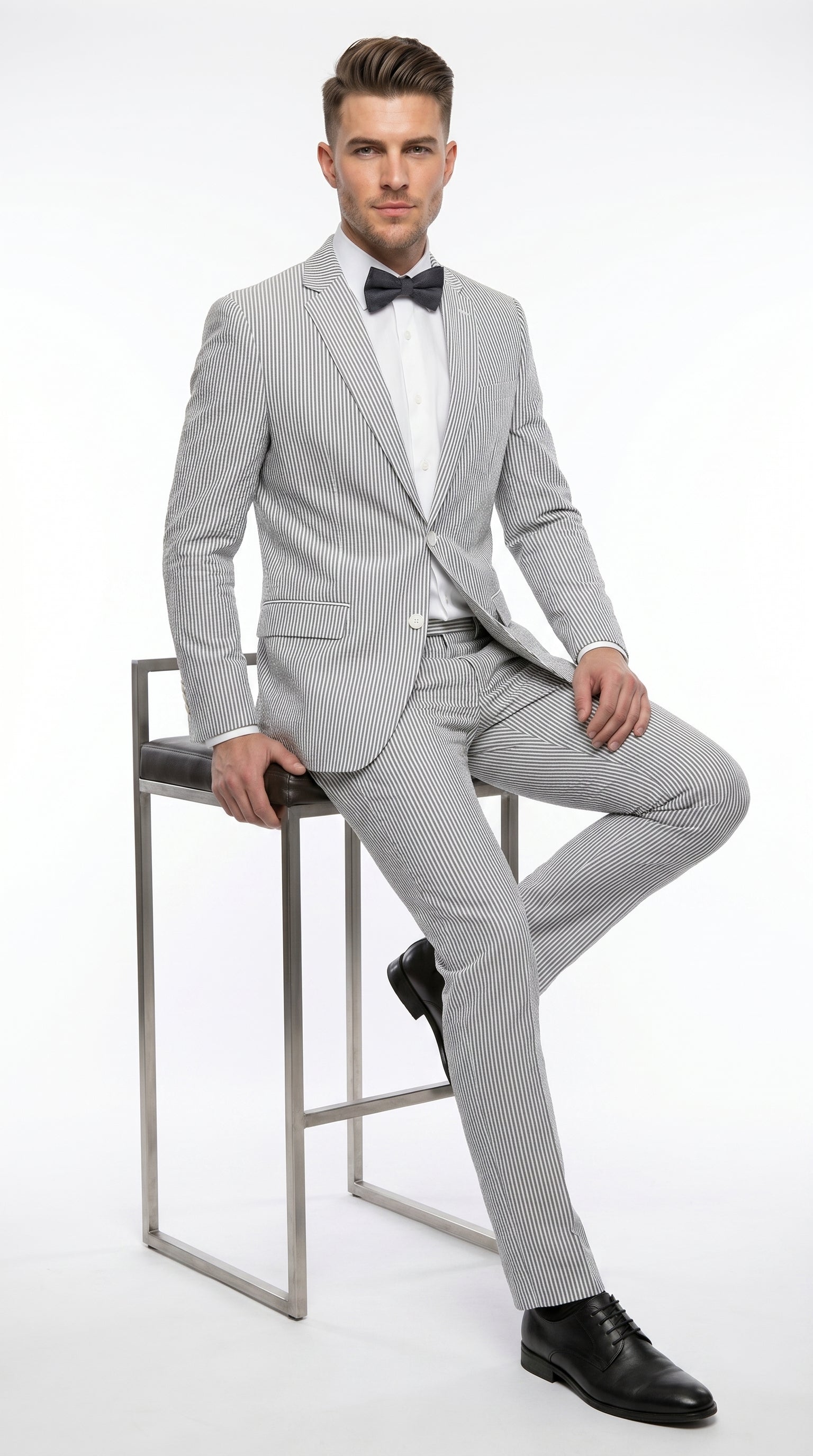Men’s Gray Seersucker Suit, Lightweight Summer Wedding Prom Dress Suit