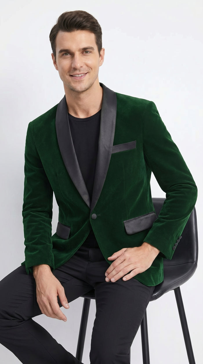 Men’s Emerald Green Velvet Blazer with Black Satin Shawl Lapel, Formal Dinner Jacket