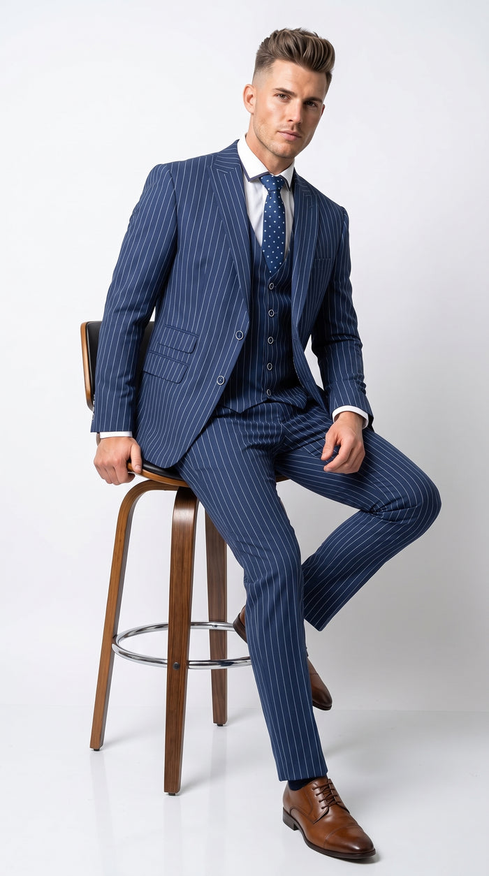 Men’s Navy Blue Vested Bold Gangster Pinstripe Suit, 3 Piece Formal 1920s Dress Suit