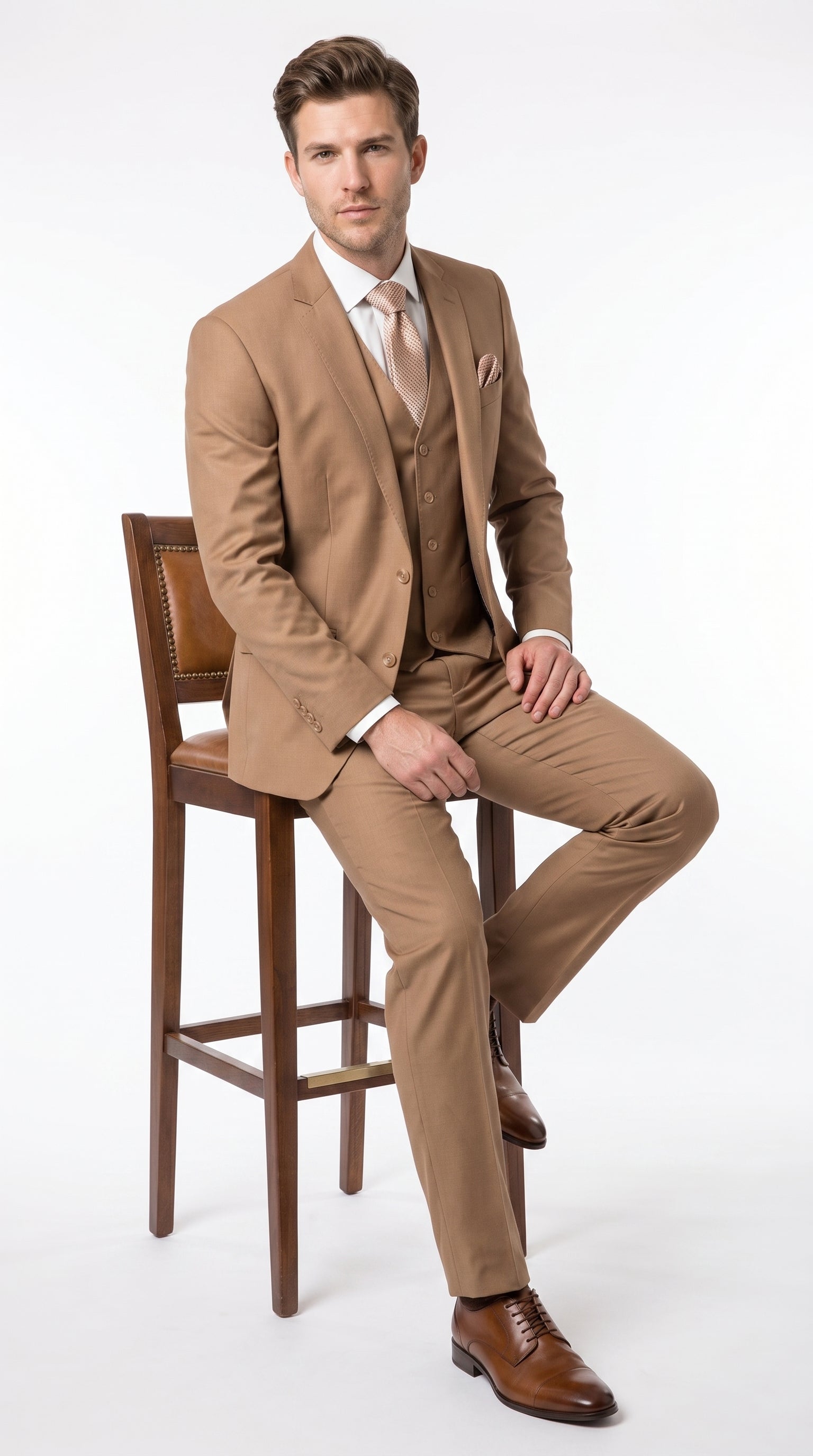 Men’s Caramel 2 Button Modern Fit Vested Wool Suit, Formal Wedding Business Dress Suit