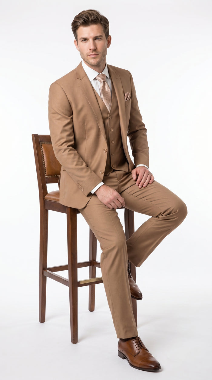 Men’s Caramel 2 Button Modern Fit Vested Wool Suit, Formal Wedding Business Dress Suit